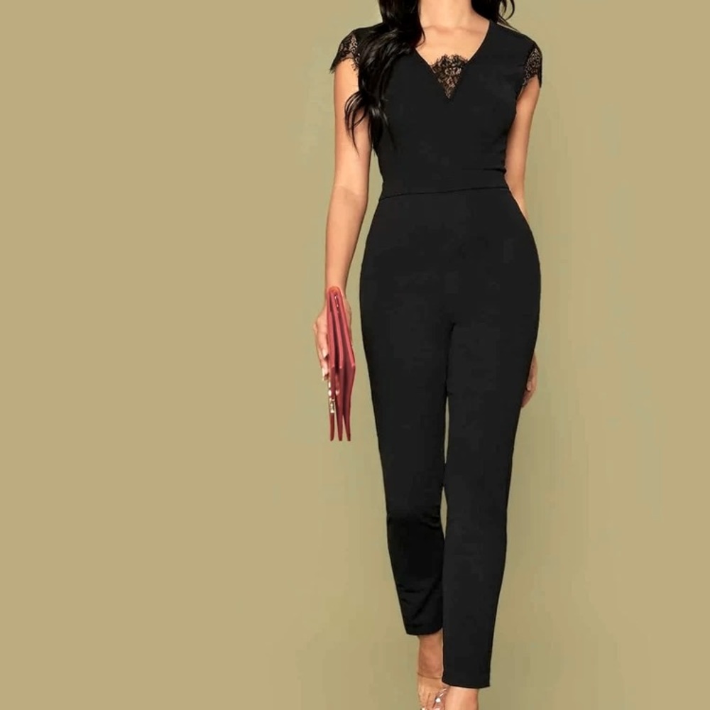 Eyelash Lace Trim Cutout Back Jumpsuit